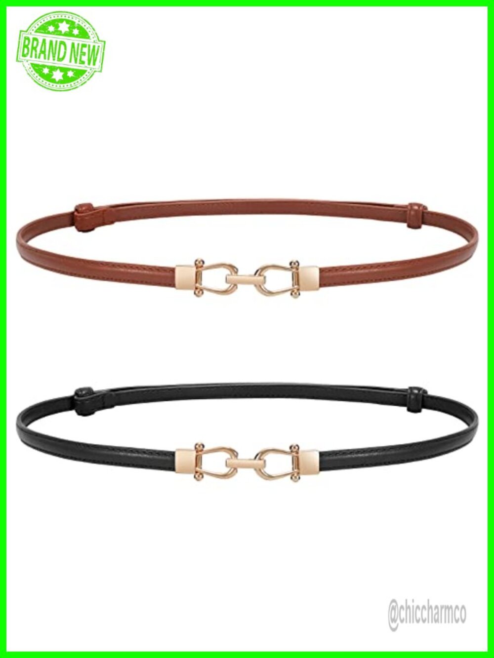 Women's Skinny Leather Belt Adjustable Waist Up to 37in Gold-Tone Buckle